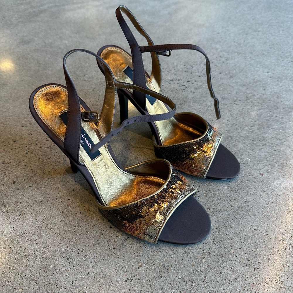 Y2K sequin brown and gold heels, never worn